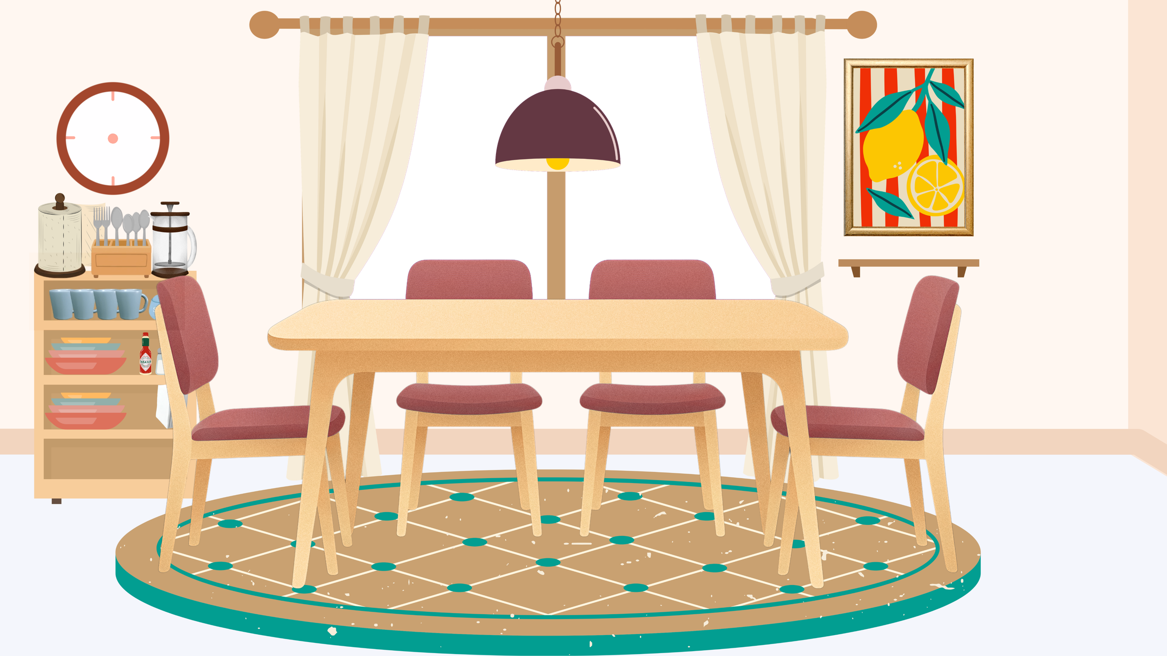 The family dining room — the table waiting under its lamp, a clock on the wall, and the yard through the big window